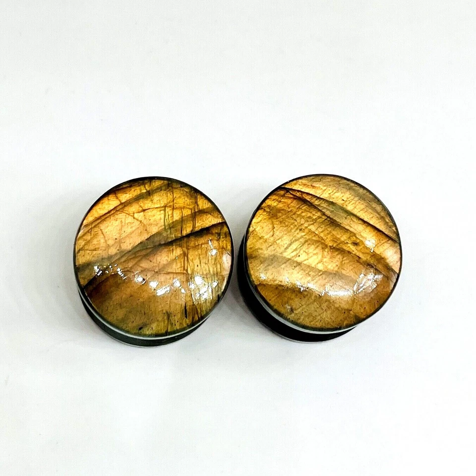 Pair of Natural Labradorite Yellow Flesh Plugs, Double Flare Size 3mm to 50mm - Image 3 of 4