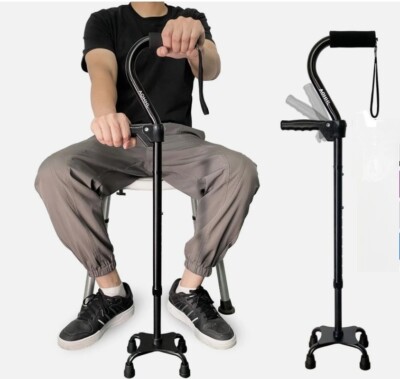 Quad 4 Prong Walking Cane Adjustable Flip Down Support Handle Extra Rubber Tips