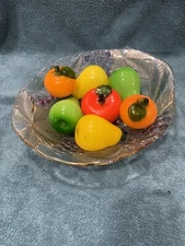 7 piece murano style glass fruit with vintage Mikasa Crystal glass bowl set