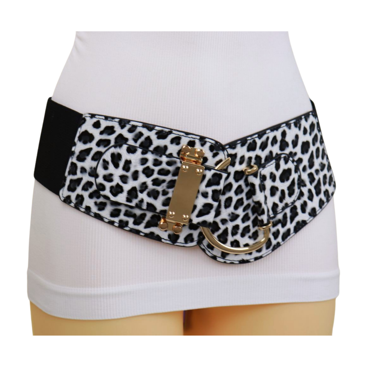 Women Black Elastic Fashion Wide Hip Waist Belt Gold Hook 