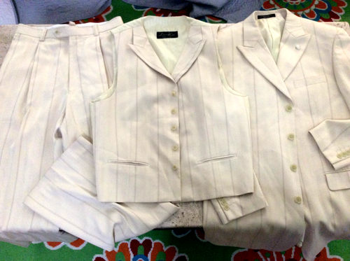 HERREN GR 42L 32W ANZUG 3TLG. STRIPE Vintage Anzug Set Den Zel Beige Glatt Poly Ble