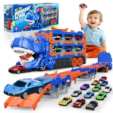 T-Rex 2-in-1 Dinosaur Truck Track with 12 Cars Set Toys for Kids Blue Version