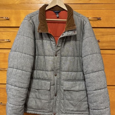 Lands  End Men s Winter Puffer Quilted Coat Jacket Grey Size L Corduroy Collar
