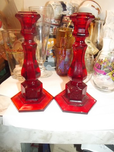 Fostoria Ruby Red Glass Candlesticks 8" Tall Coin Medallion Eagle Bell