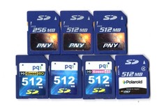 Lot Of 7x PNY / PQI 256MB / 512MB MEGABYTE SD Camera Memory Cards