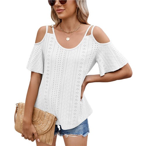 NEU Damen Sommer Cold Shoulder Tops Urlaub Damen Träger hohl lässig Bluse - Bild 14 von 28