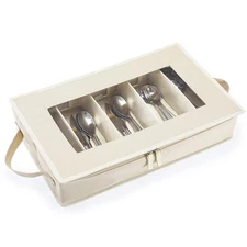Flatware Utensil Storage Case Beige Silverware Box Chest with Adjustable