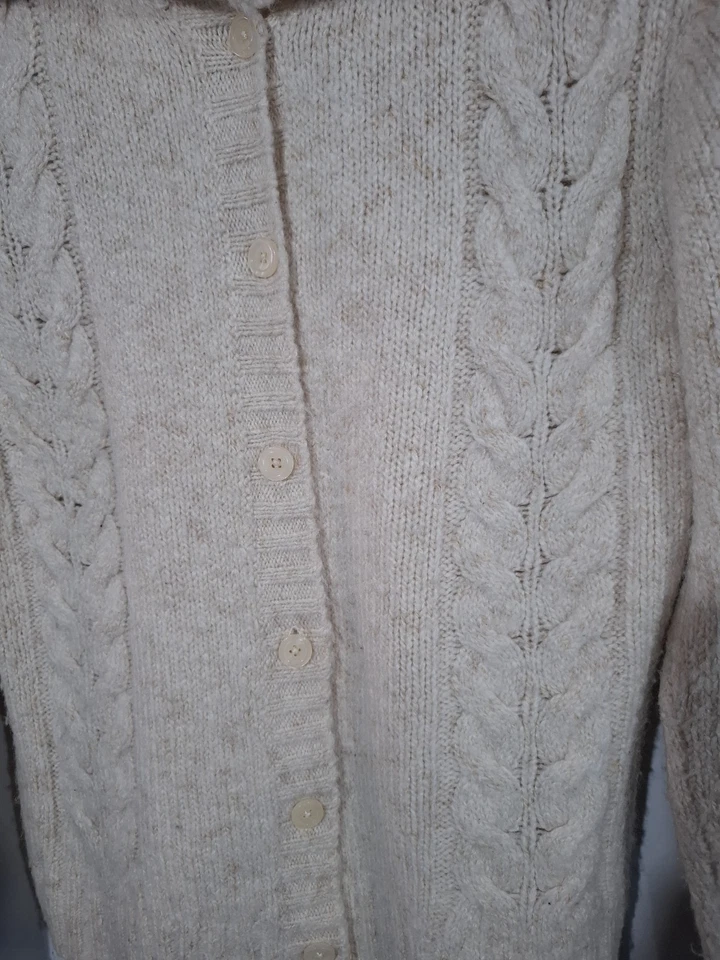 LL Bean Womens Beige Cardigan Sweater Wool Blend Cottagecore Medium Cable Knit - Image 3 of 4