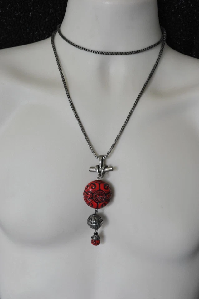 Collar Chico's imitación rojo cinabrio gunmetal peltre color étnico colgante 34" Foto 3 de 4