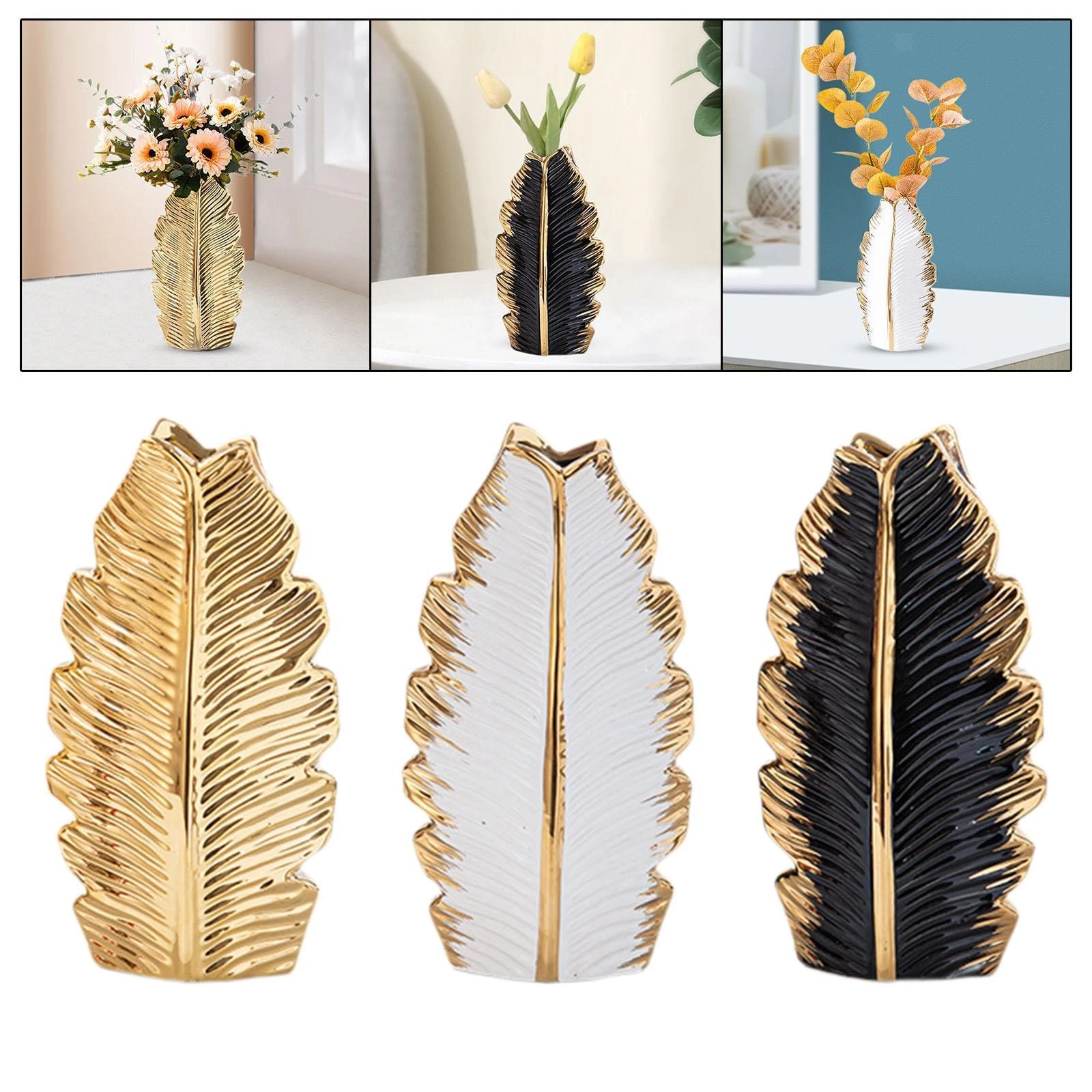 Ceramic Flower Vase Birthday Gift Electroplated Leaf Design Flowers Holder for