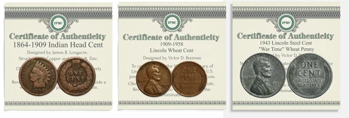 1864-1909 INDIAN HEAD / 1909-1958 LINCOLN WHEAT / STEEL CENT COIN SET! W COA USA