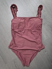 Kona Sol Women's Square Neck Ruffle Shoulder Pink One Piece Swimsuit Size M