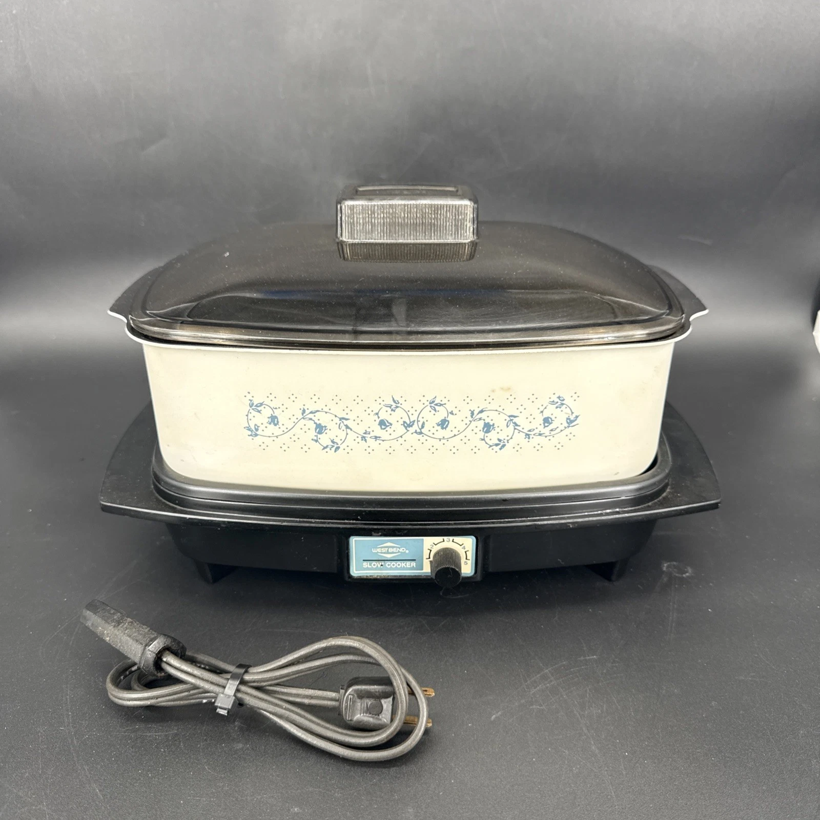 Vtg West Bend Model 84654 4 Quart Slow Cooker Plastic Lid blue flowers