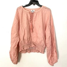 We Are Kindred Top 100% Linen Coral Salmon Puff Sleeve Tie Neck Womens Size US 6