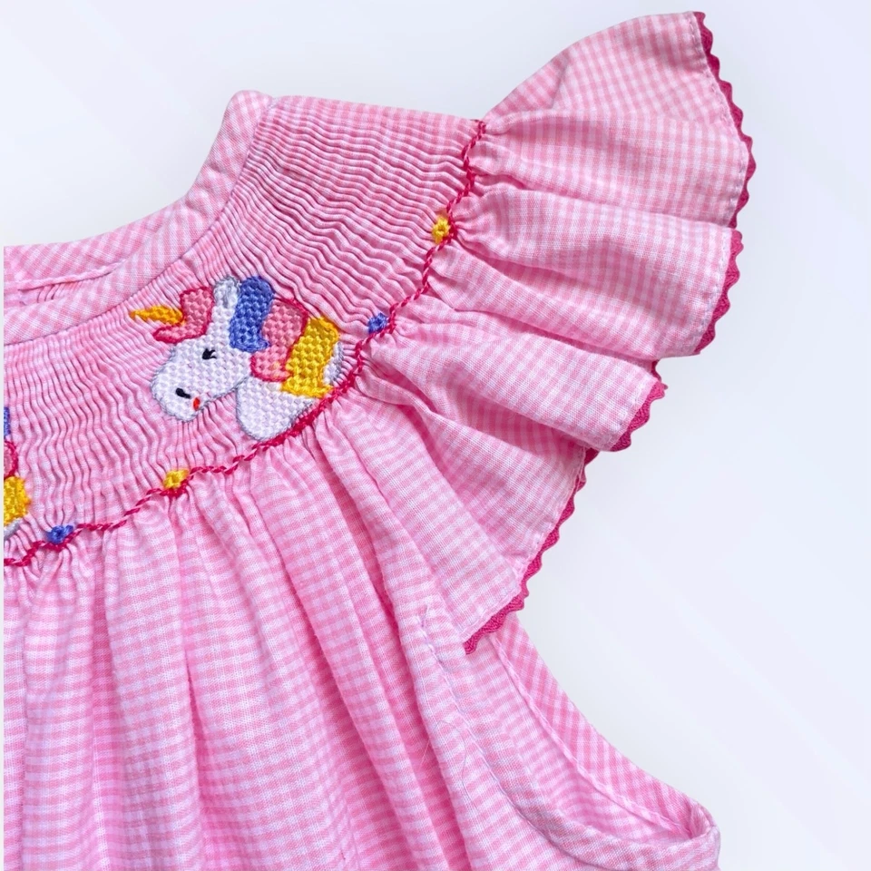 Silly Goose Hand Smocked Embroidered Unicorn Dress Size 6 Pink Gingham Check - Image 4 of 4
