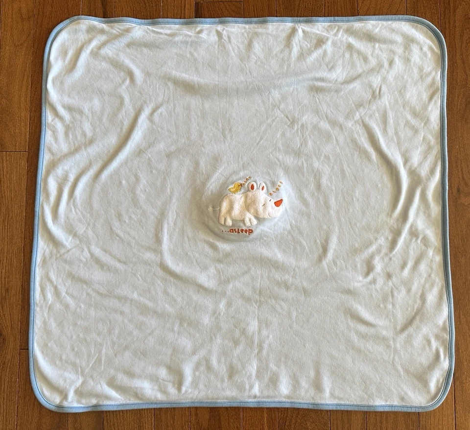 Gymboree 2004 蓝色婴儿毯犀牛“睡眠/觉醒”双面 25x27” — 第 3/4 张图片
