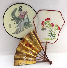 Chinese Paddle Folding Paper Fans Hand Painted Silk Screen Lot of 3 Vintage