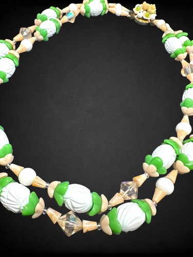 Vintage Celluloid Glass Pink Green White Necklace Multistrand Flower Clasp - Picture 5 of 9