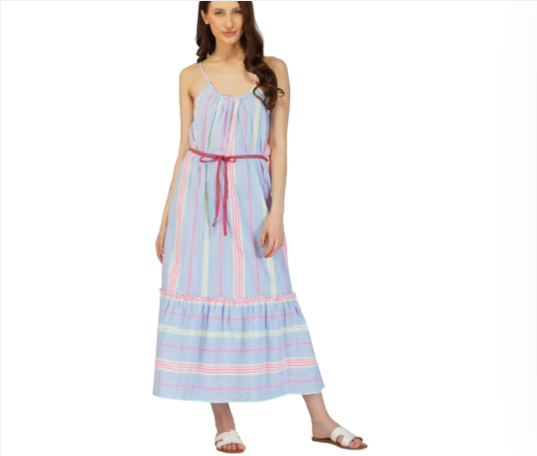 NWT America & Beyond Rainbow Stripe Maxi Dress Womens Small Blue Sleeveless  NEW