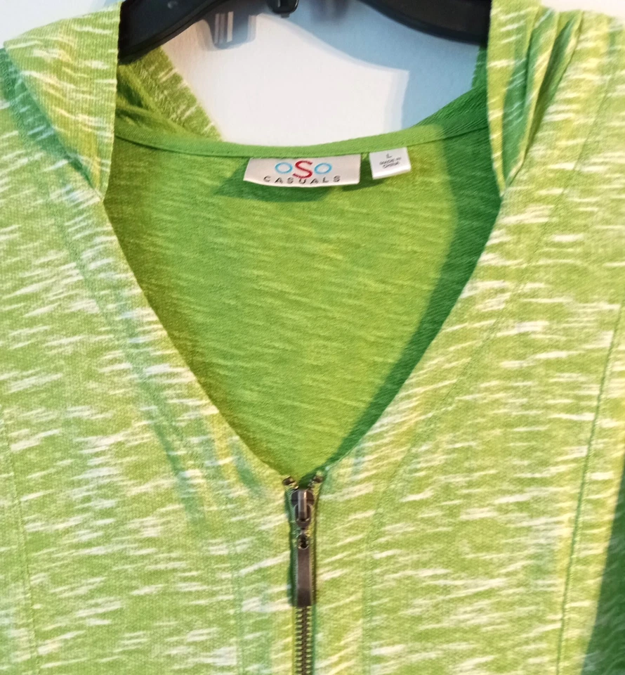 OSO Casuals Size Large Green Heather Hoodie Full Zip Mesh Pocket 100% Cotton - Image 3 of 4