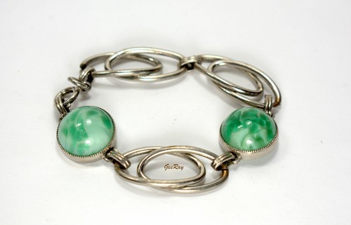 Pulsera cabujones vintage de eslabones vertidos de vidrio de jade de Pekín, tono plata - Imagen 3 de 5
