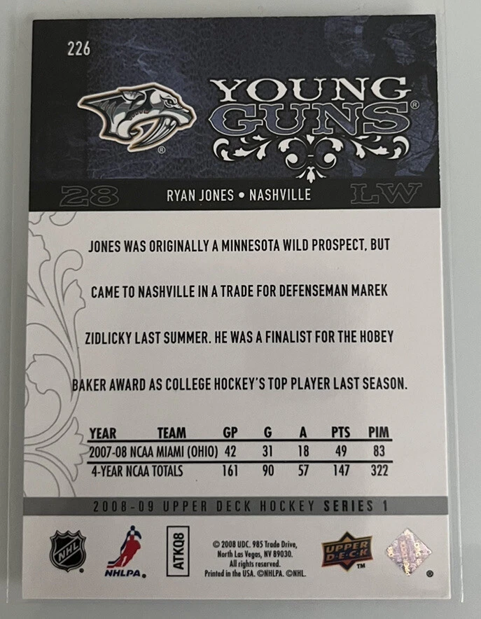 2008-09 Upper Deck Young Guns Ryan Jones #226 Rookie RC Nashville Predators - Image 2 of 2