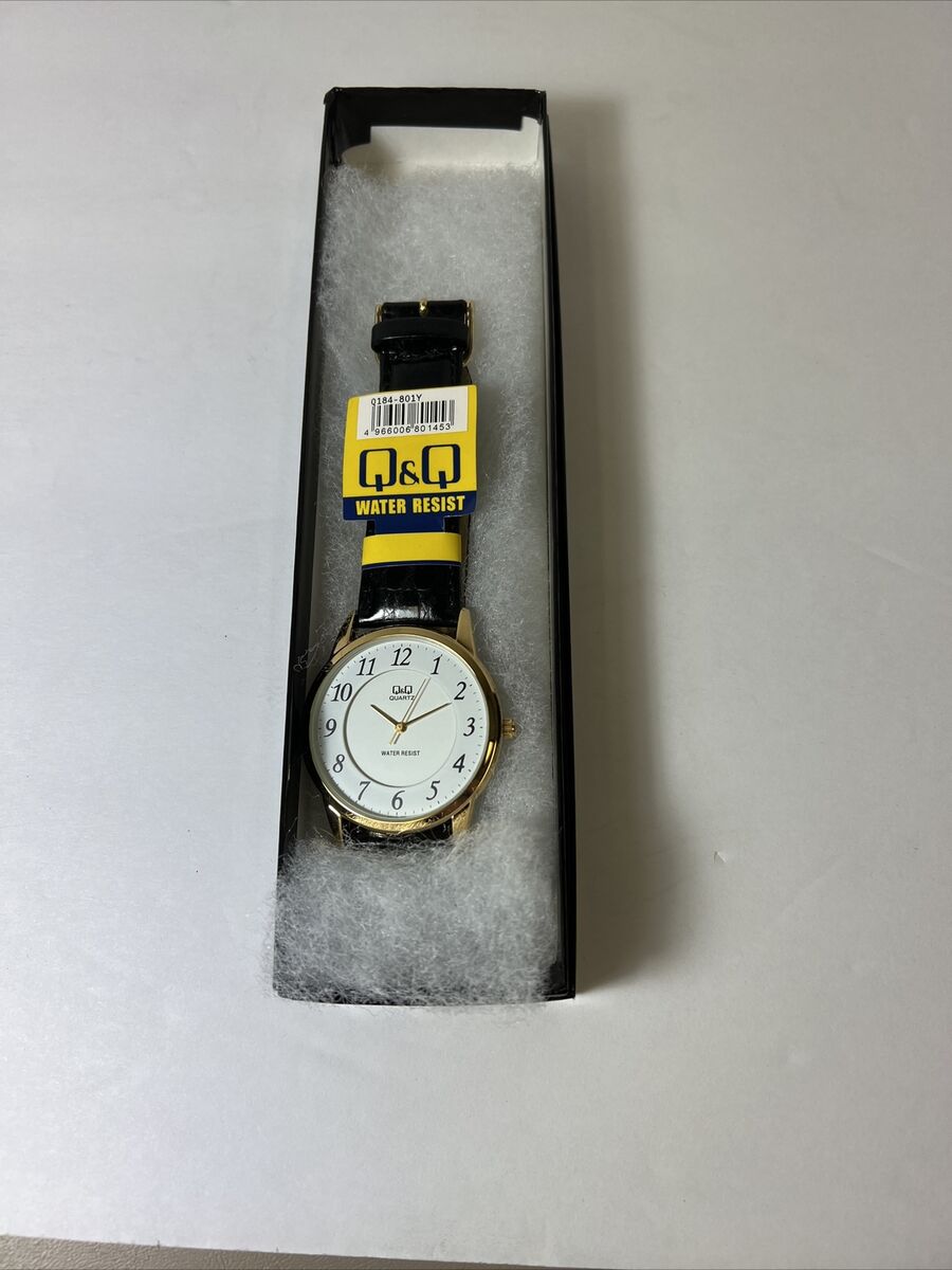 QQ Quartz 40mm Watch Dress Style gold Tone Black Leather