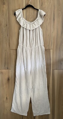 Universal Thread Striped Linen Blend Off Shoulder Jumpsuit Natural Light Size L