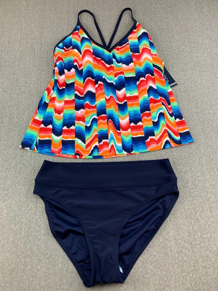 Nautica Tankini Badeanzug 2-teilig Damen M blau Regenbogen Chevron V-Ausschnitt gekreuzter Rücken
