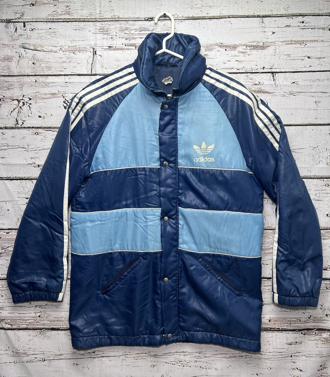 VTG Adidas 80s Full Zip Nylon Blue 3 Stripes Puffer Parka Retro Jacket Coat - 40 VTG Adidas 80s Full Zip Nylon Blue 3 Stripes Puffer Parka Retro Jacket Coat - 40