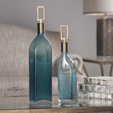 Uttermost Annabella Glass and Iron Bottles in Teal Blue/Bronze (Set of 2)