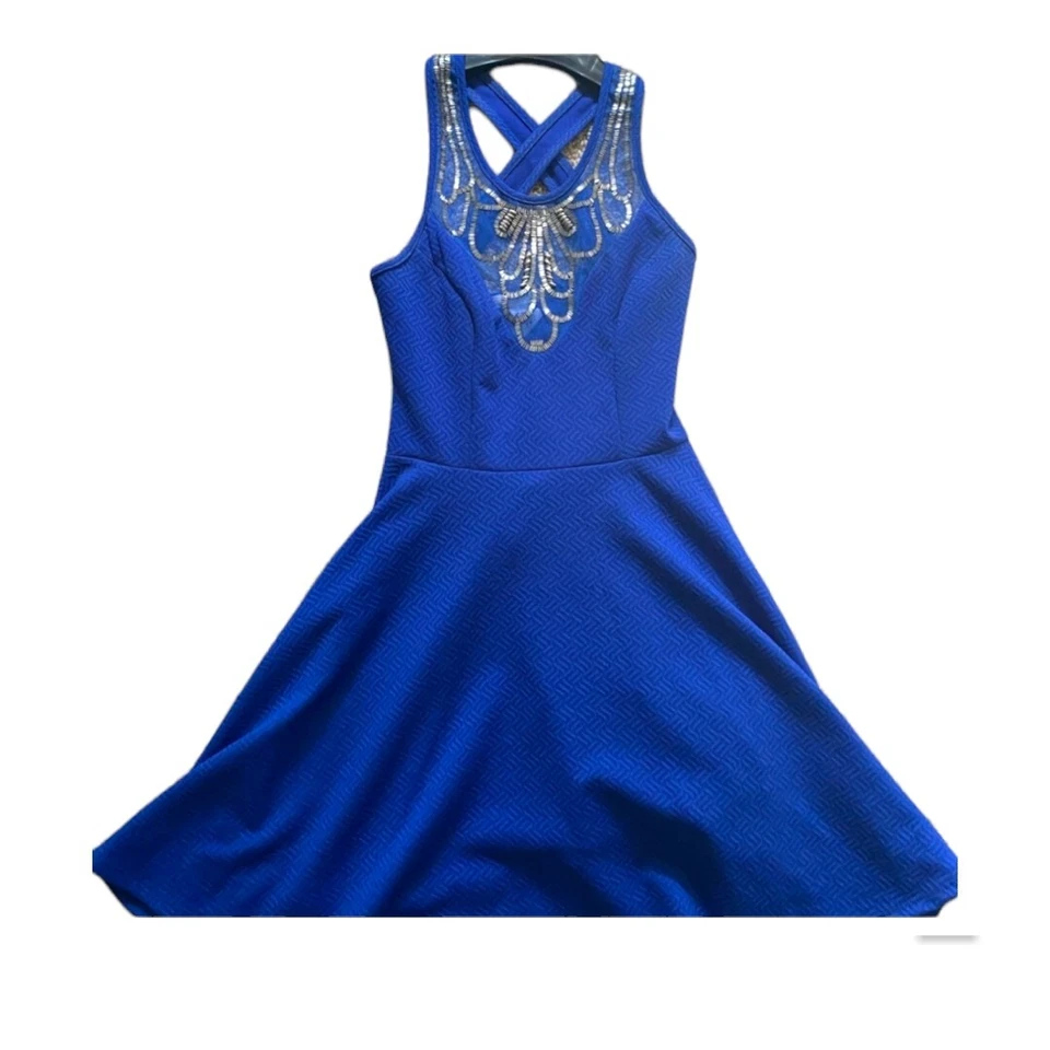 NEW Blue Beaded Illusion Bib Fit & Flare Dress Size M Junior's - Image 4 of 4