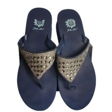 Yellow Box Women's Sandals 10 Blue Silver Embellished Leather Toe Post Summer