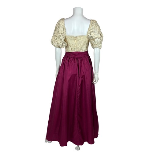 Vintage 70s Formal Dress Womens XS Burgundy Skirt Cream Lace Bodice Prom Gown - Picture 9 of 14
