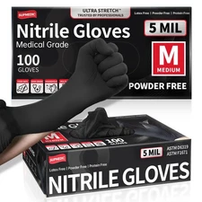 Supmedic Black Nitrile Exam Gloves 5 Mil Chemical Resistant Powder-Free Food ...