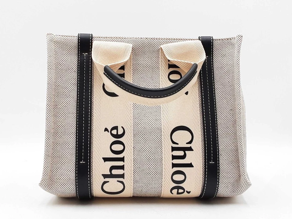 Bolso de Mano Chloe Woody Pequeño en Beige Lino Eco y Cuero Azul Marino Fw1125oordu Foto 4 de 4