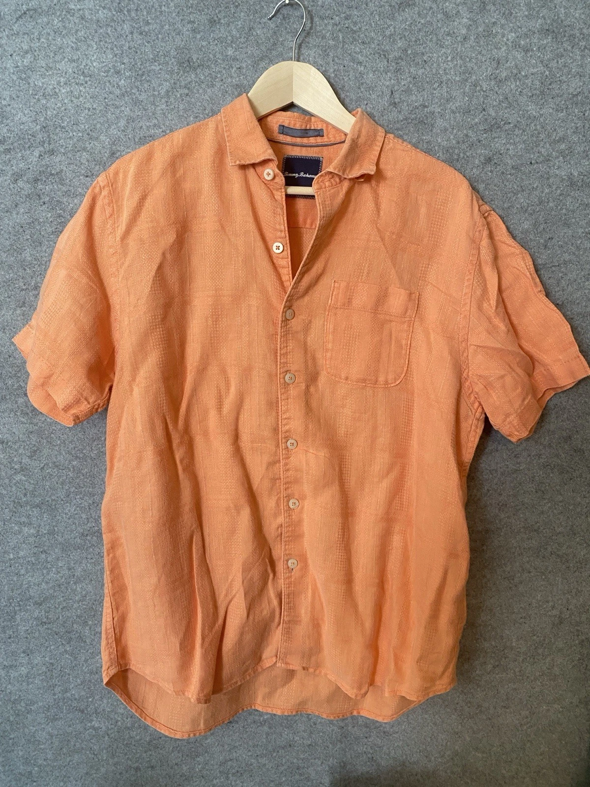 Tommy Bahama Men Large Shirt 100% Linen Button Short Sleeve Orange Pocket