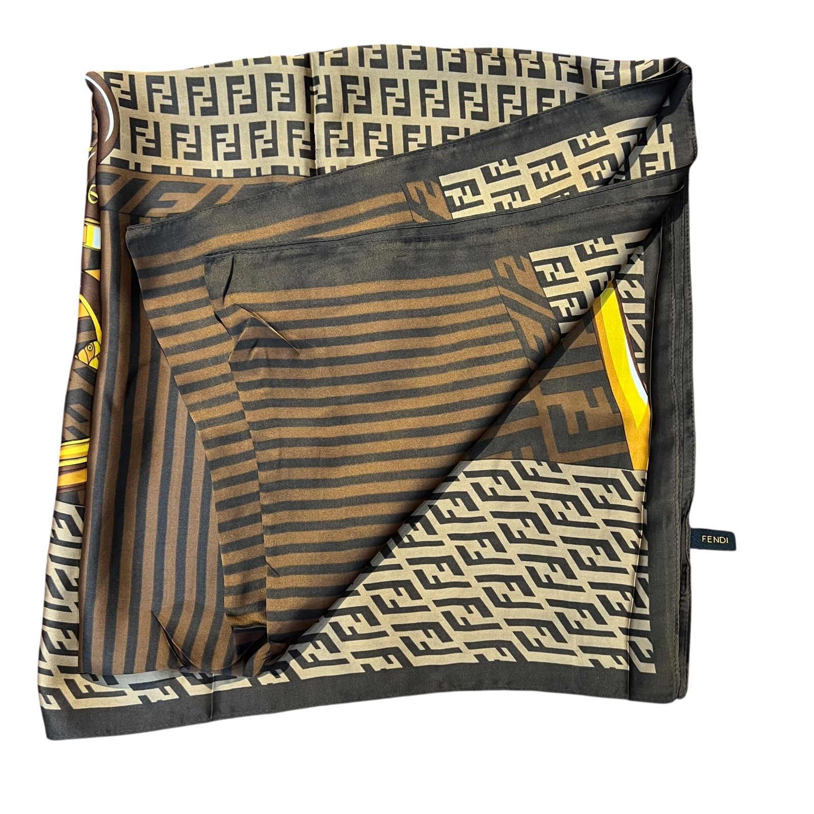 Fendi FF Monogram Silk Scarf Vintage Luggage Print Brown Gold Made in Italy Auth thumbnail 15