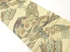 6918351: JAPANESE KIMONO / ANTIQUE MARU OBI / SILK / WOVEN KIKU  ARROW FEATHERS