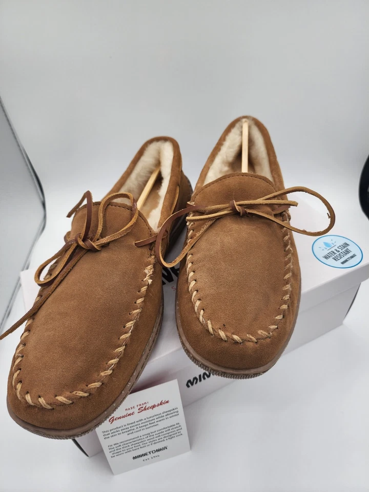 Mocasín de suela dura forrado de piel de oveja Minnetonka para hombre - dorado tostado para hombre 13 nuevo Foto 2 de 4