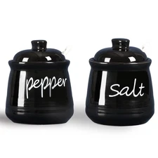 Ceramic Salt and Pepper Bowls with Lid and Spoon 12oz (Black)