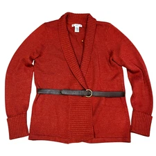 Susan Bristol Womens M Rust Merino Wool Blend Belted Front Cardigan Shawl Collar