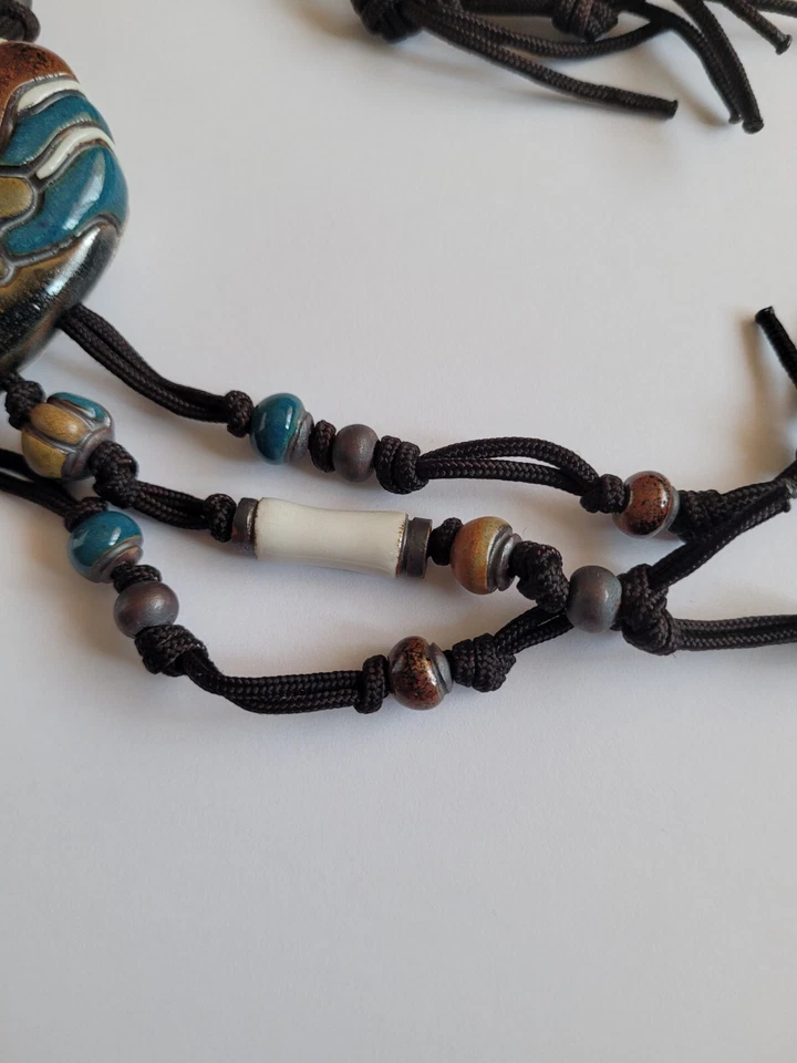 Collar Boho Artesano Hecho a Mano Joyce Whitaker Cerámica Macramé Años 70 De Colección Raro Foto 4 de 4
