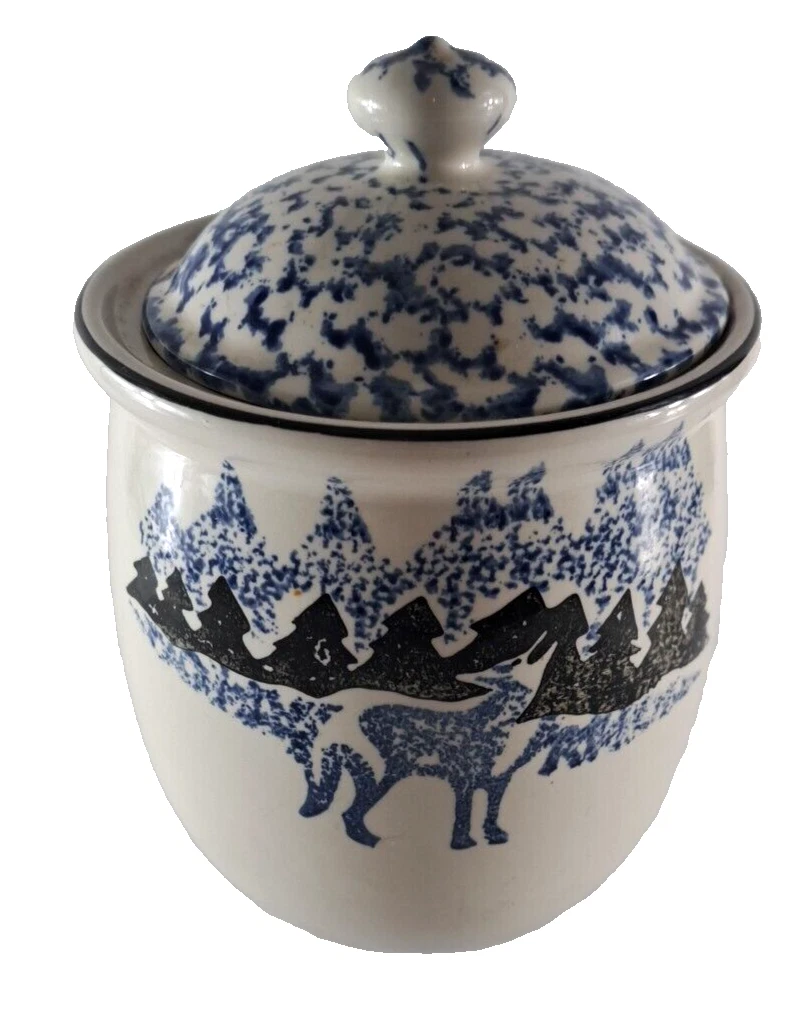 Folk Craft Wolf Canister Jar Blue Speckled Sponge Tienshan Cabin Lodge 9"