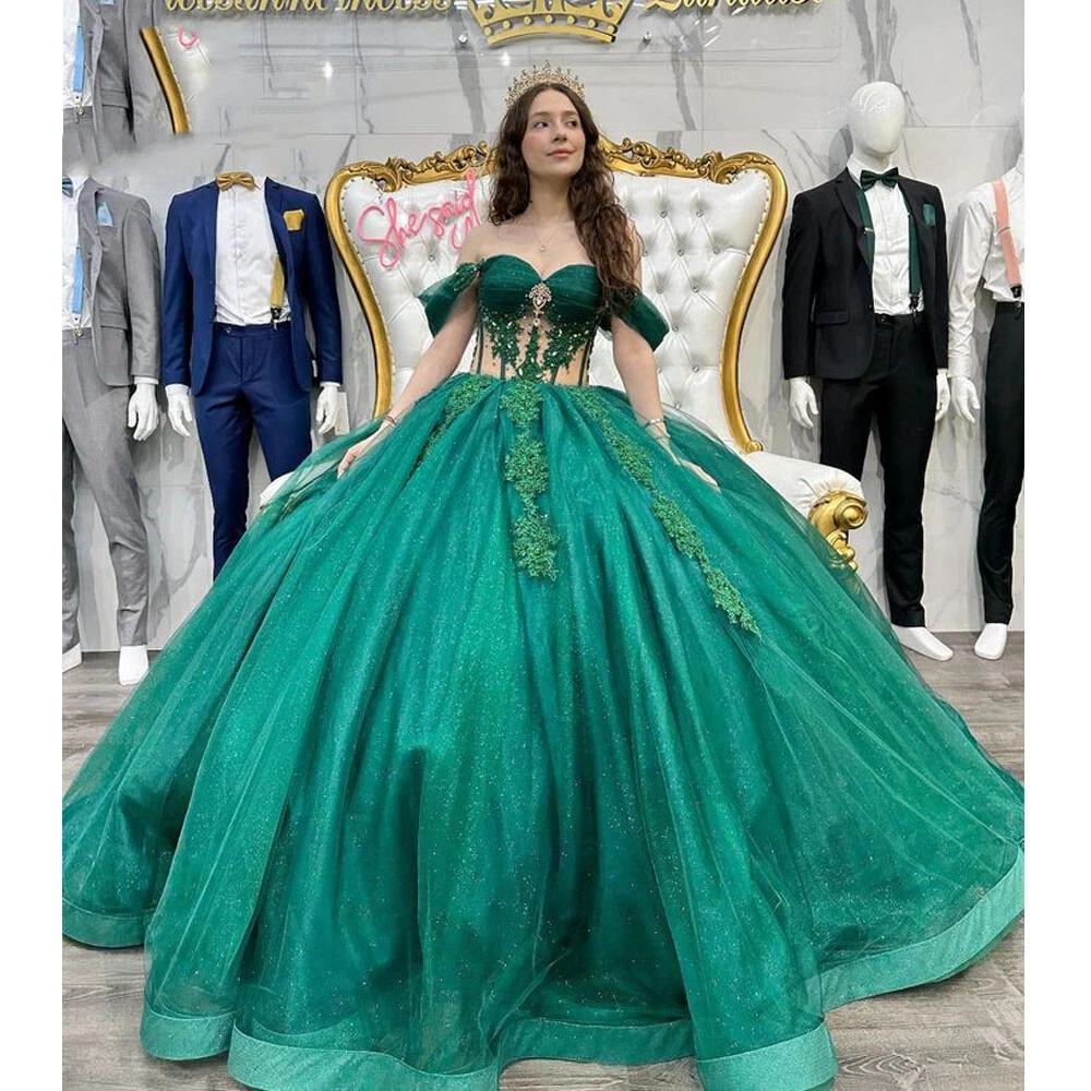 Emerald Green Quinceanera Dresses Ball Gown Puffy Beaded Sweet 16