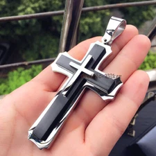 Men Huge Polish Stainless Steel Three Large Cross Pendant Necklace Silver/Black