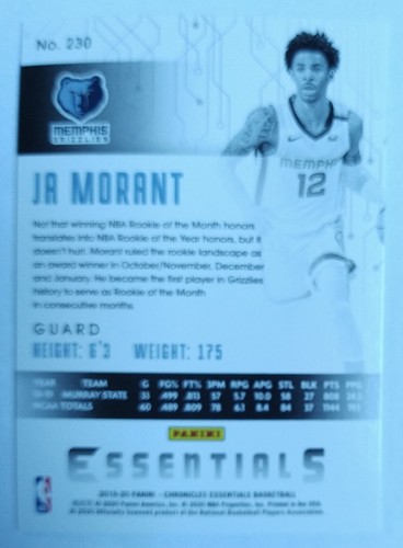 JA MORANT 230 PANINI CHRONICLES ESSENTIALS RC ROOKIE 2019-20 - Picture 2 of 2