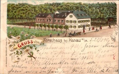 LITHO GRUSS AUS HANAU MAIN KINZIG KREIS GASTHAUS ZUM FORSTHAUS 1897 HESSEN - Bild 1 von 2