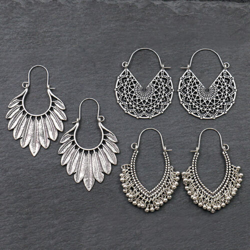Vintage Silver Color 3 Pairs Set Drop Earrings for Women Boho Hollow Out Jewelry - Picture 1 of 14