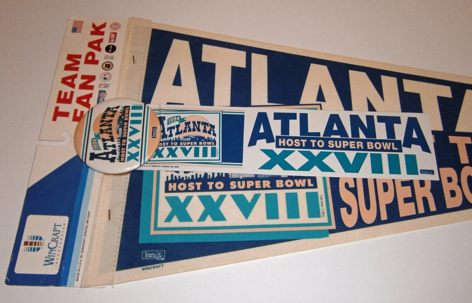 1994 Super Bowl XXVIII pennant Fan Pack Cowboys Bills rare w/ Button & Sticker - Image 2 of 3